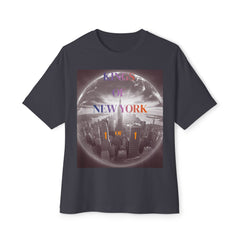 Black t-shirt with 'Kings of New York' graphic, city skyline inside globe design, bold urban streetwear style