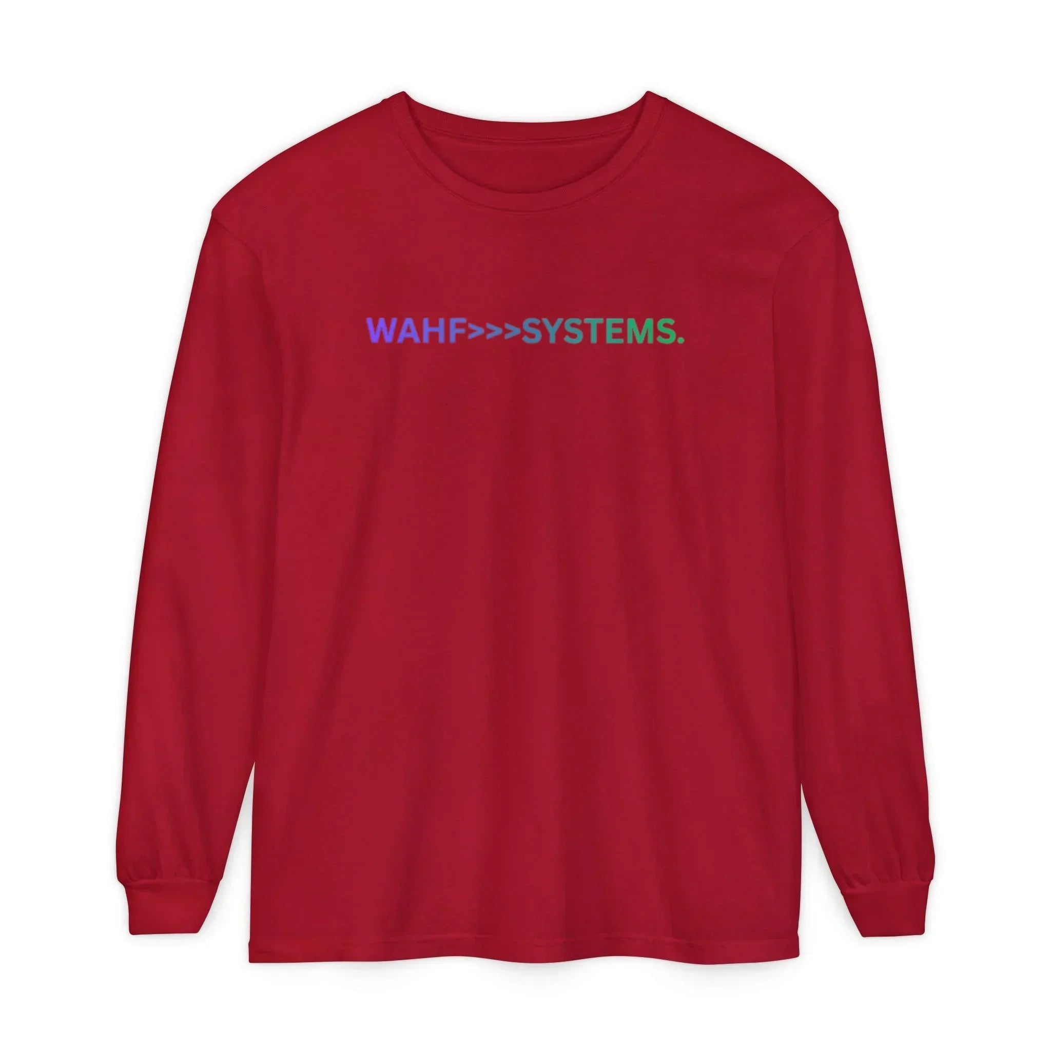 Red long sleeve shirt with 'WAHF >>> SYSTEMS.' graphic text on chest