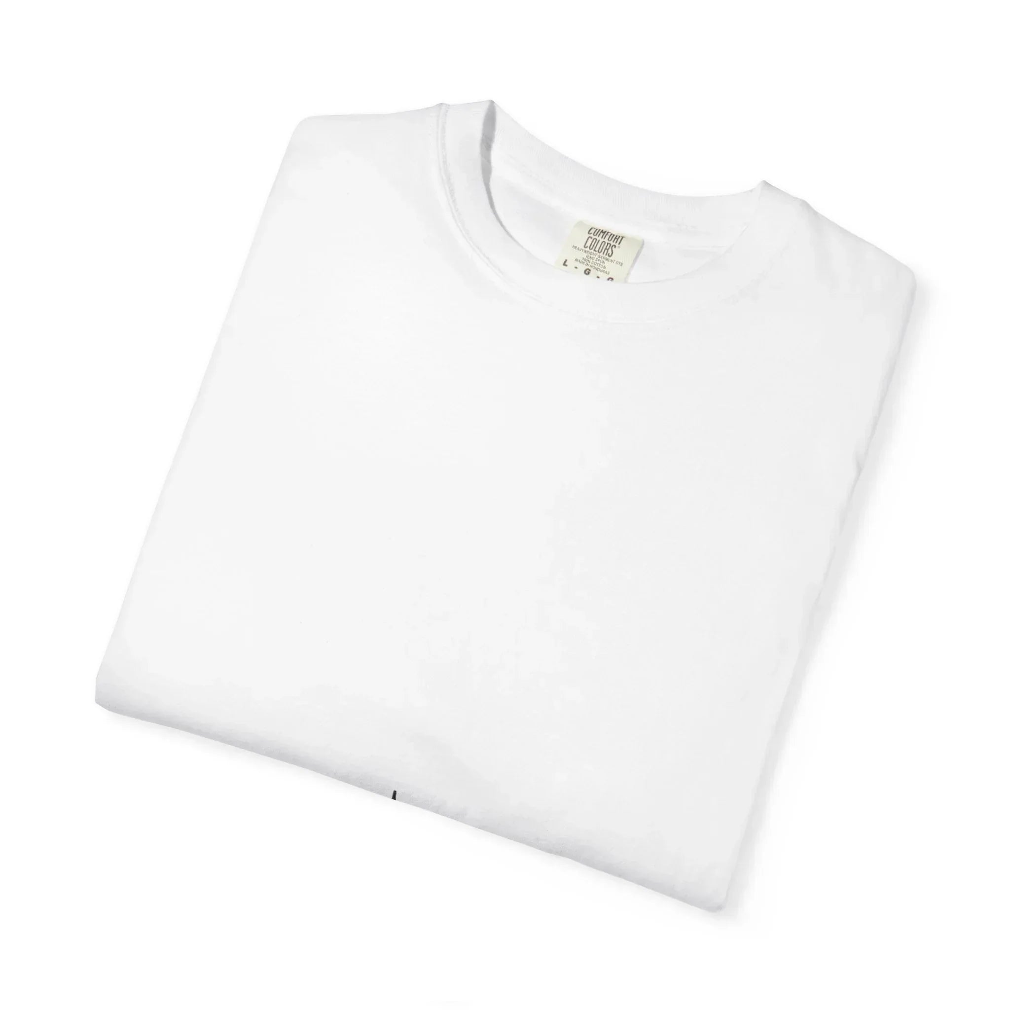 White crew neck t-shirt folded, Comfort Colors brand tag visible, soft cotton material