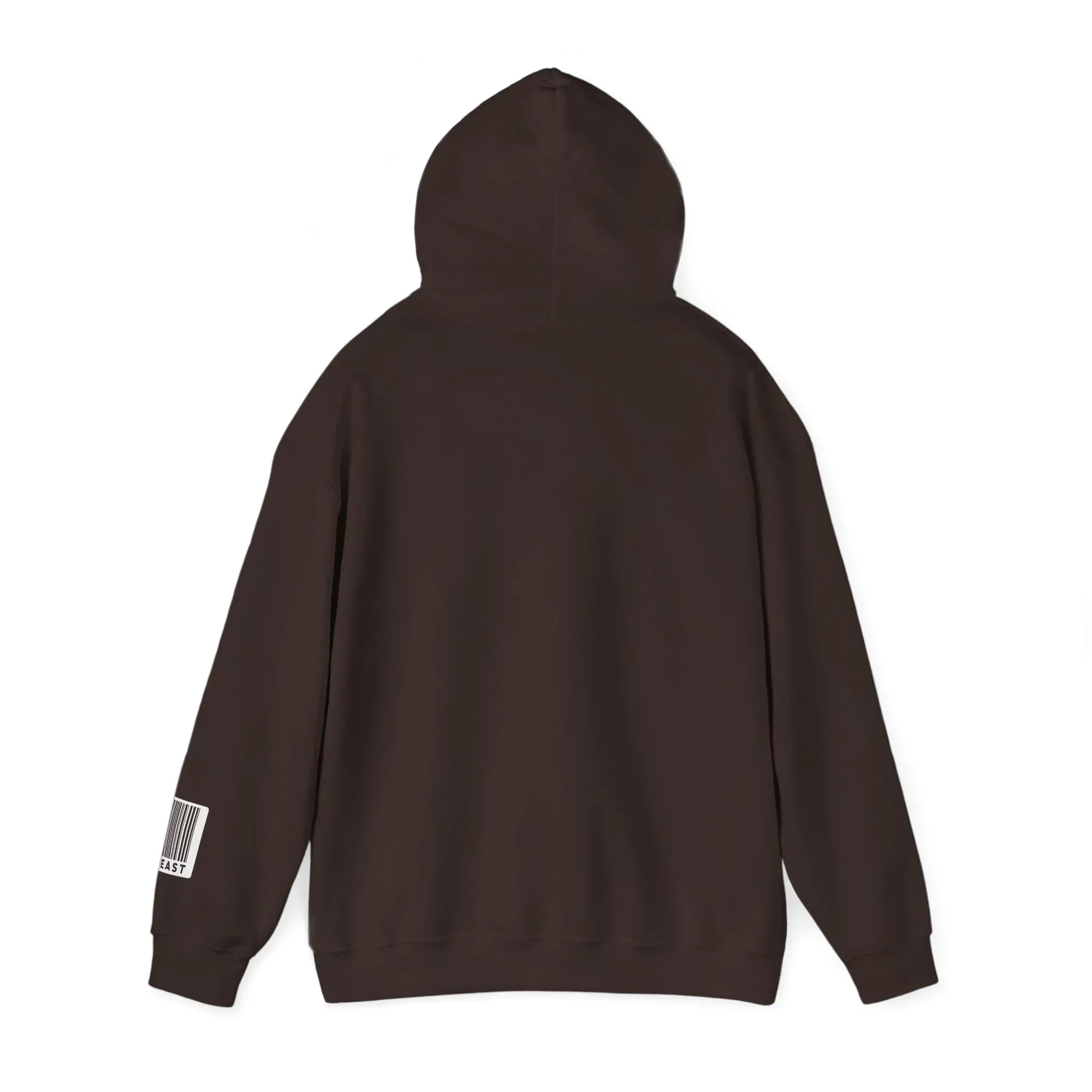 Back view of dark brown hoodie with hood and barcode patch on left sleeve