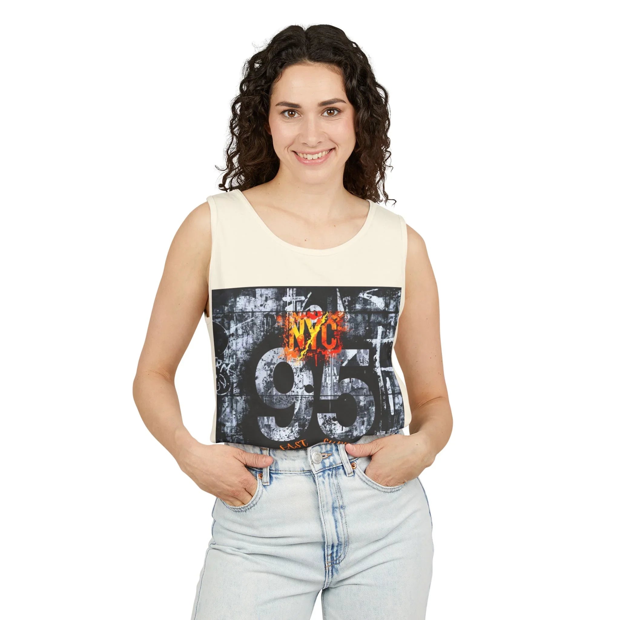 Woman wearing NYC 95 graphic tank top with distressed design, paired with light denim jeans.