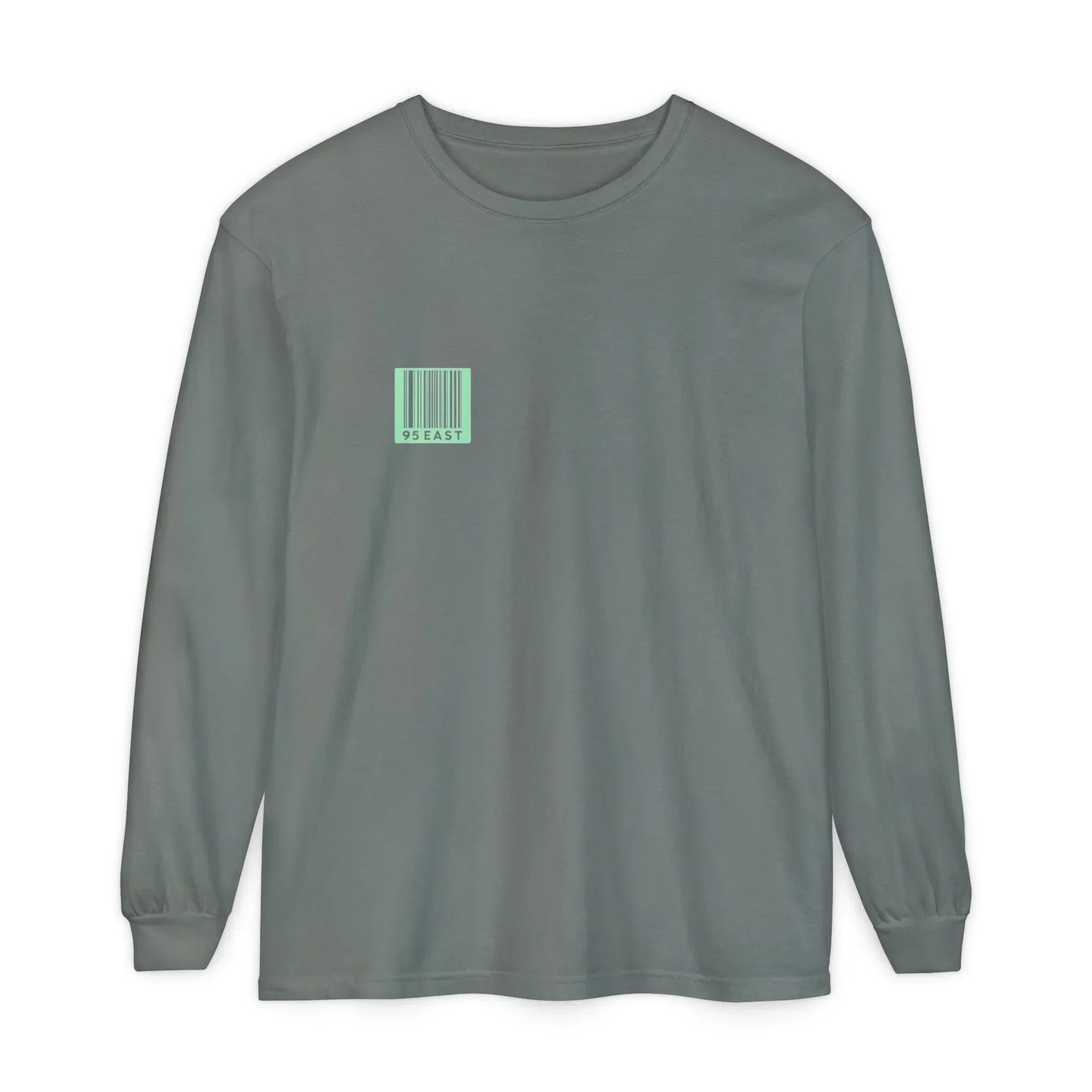 Gray long sleeve tee with mint barcode graphic and 95 EAST text, modern streetwear design