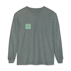 Gray long sleeve tee with mint barcode graphic and 95 EAST text, modern streetwear design