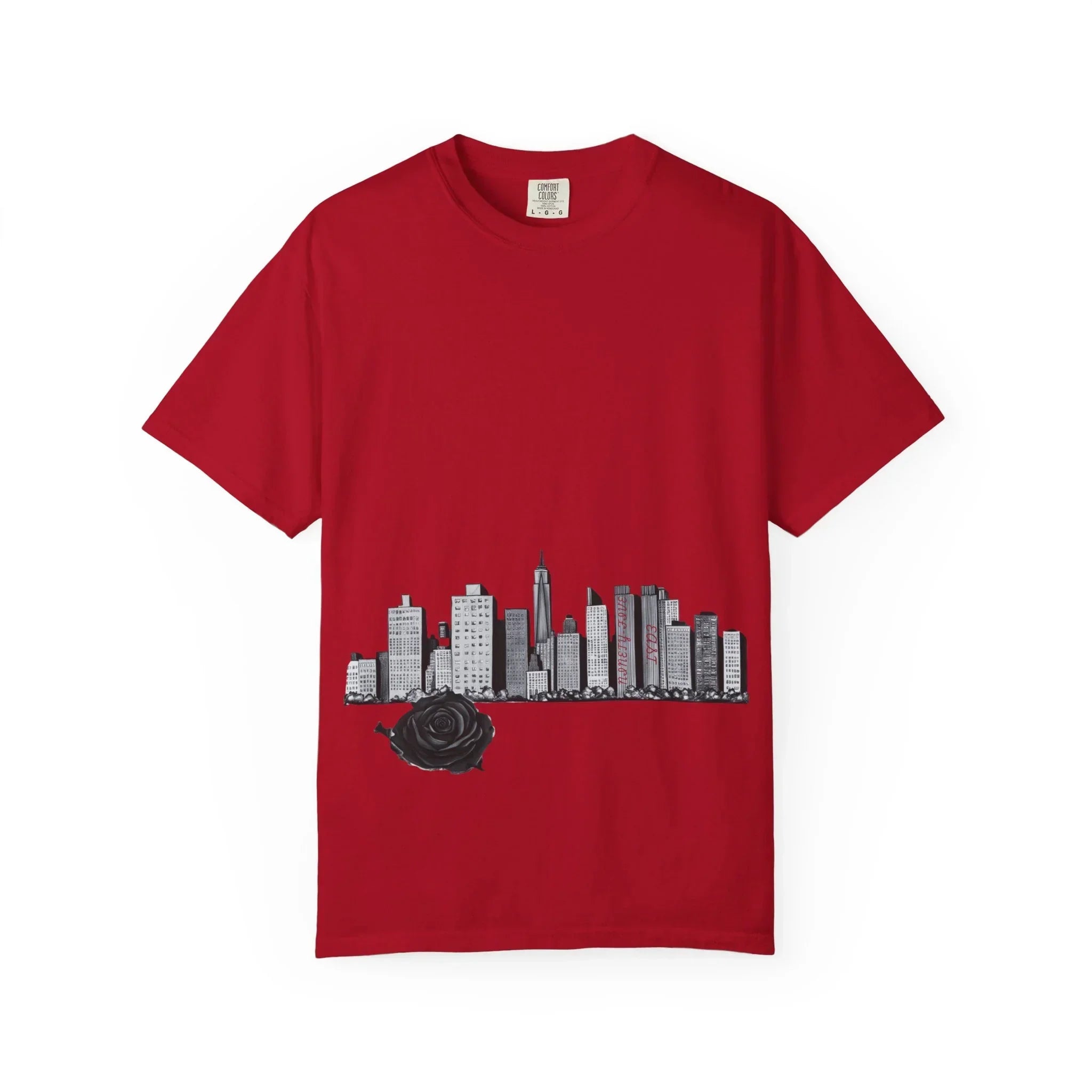 Red t-shirt featuring a black and white city skyline and a black rose graphic design.