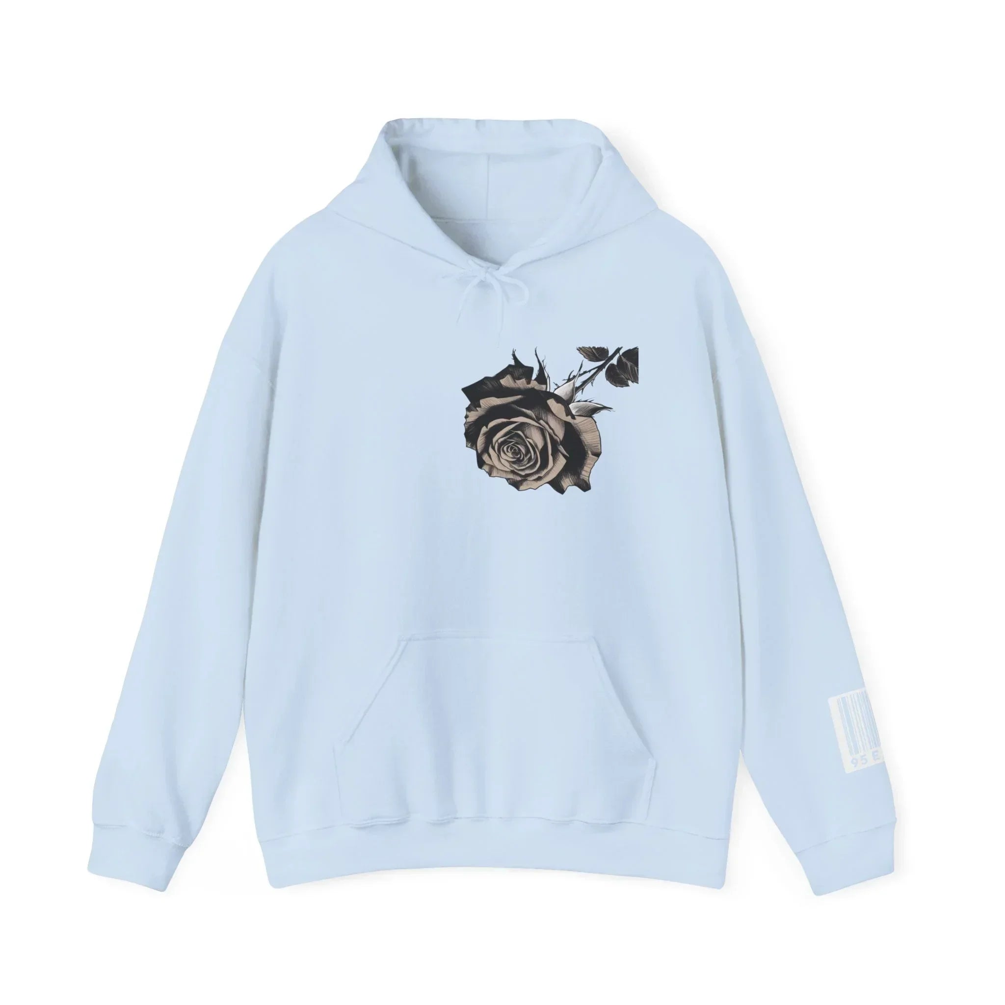 Light blue hoodie with black rose graphic on chest and white barcode on sleeve