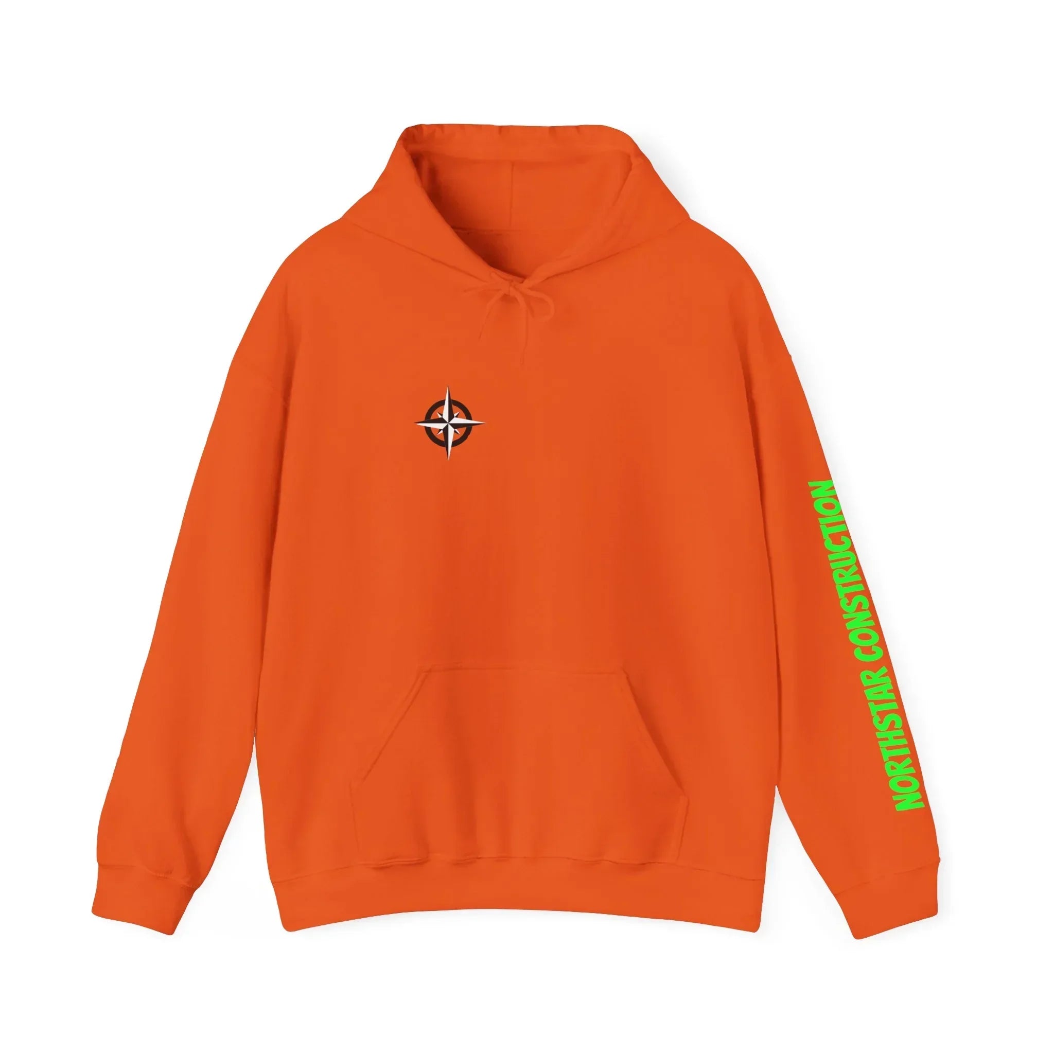 Orange hoodie with front compass logo and 'NORTHSTAR CONSTRUCTION' text on sleeve