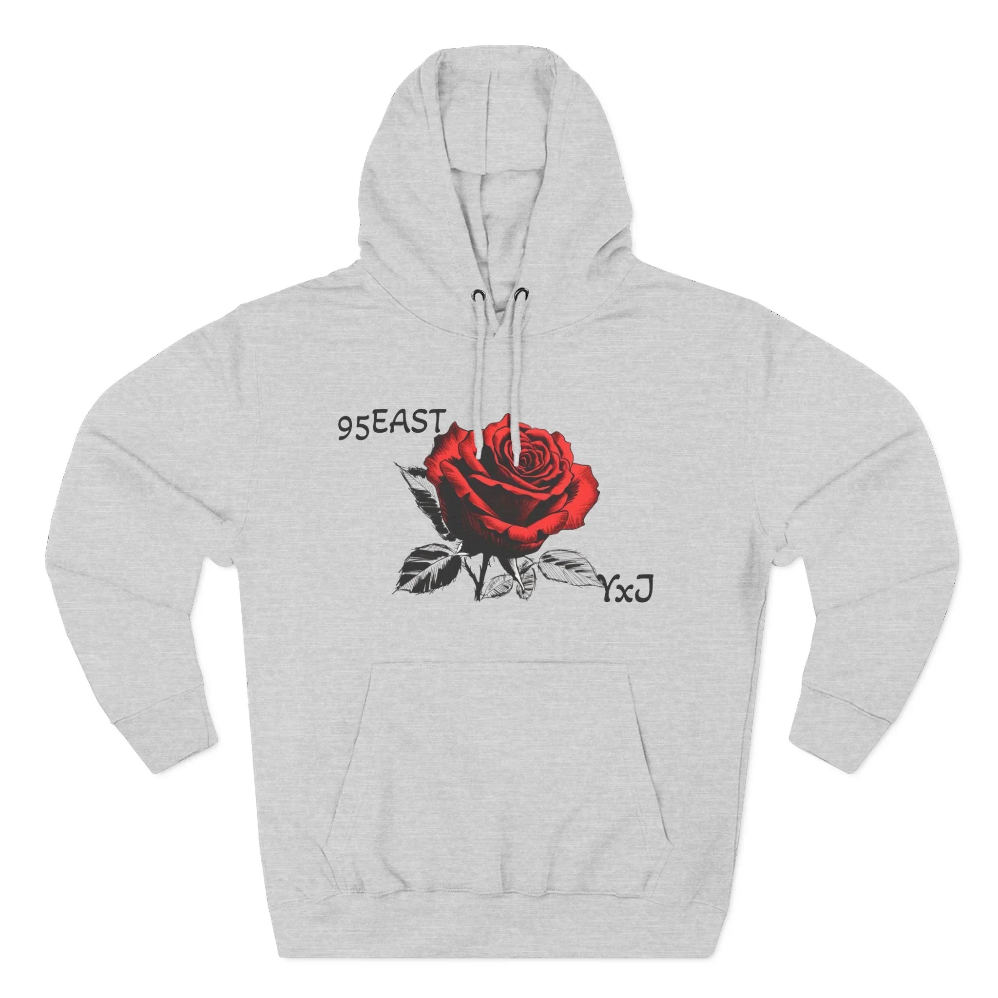 Gray hoodie with red rose graphic and 95EAST YxJ text, not black as instructed