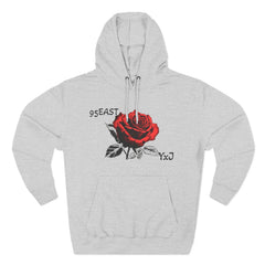Gray hoodie with red rose graphic and 95EAST YxJ text, not black as instructed
