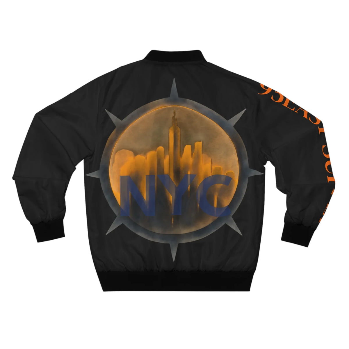 Black bomber jacket with NYC skyline graphic and bold orange text on sleeve