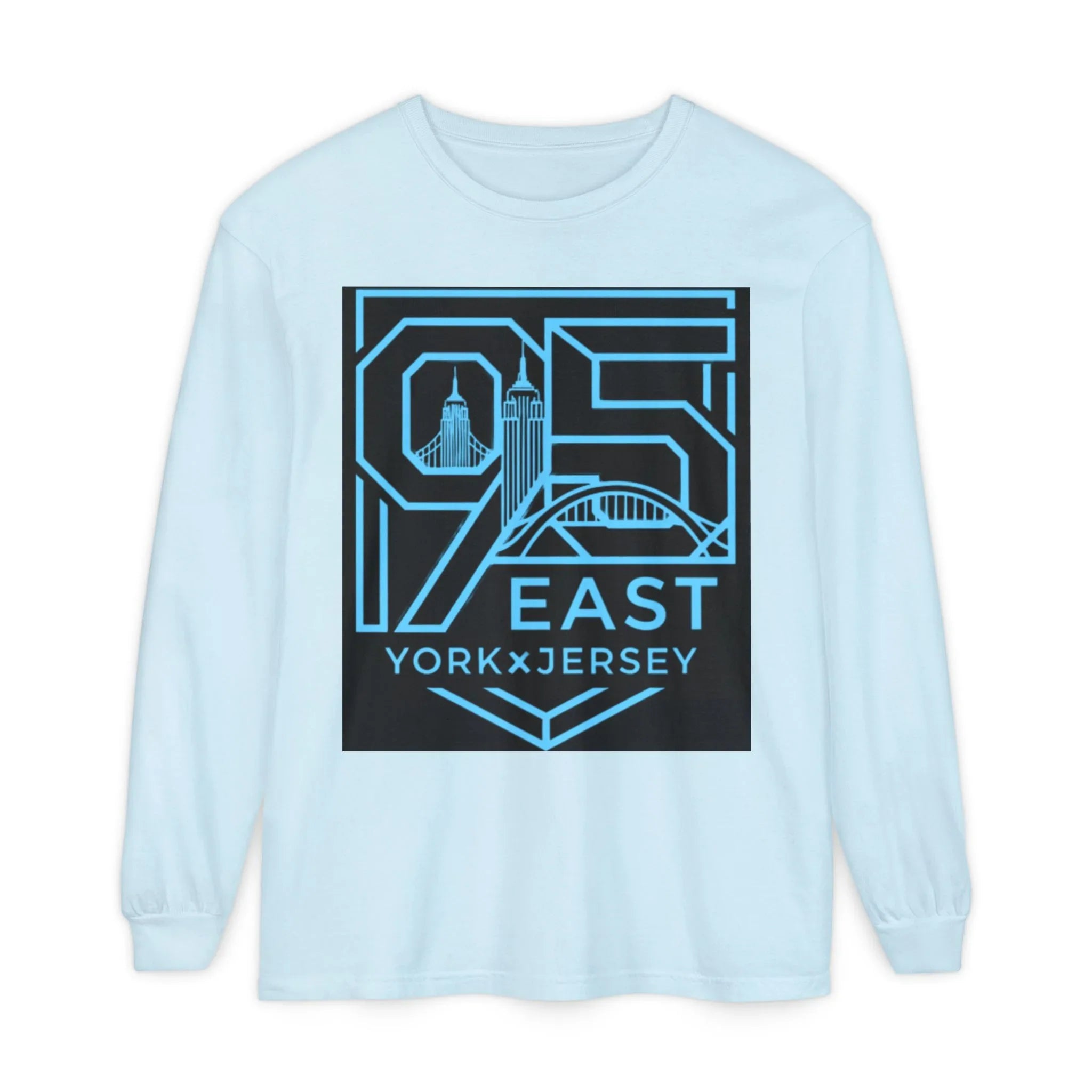 Light blue long sleeve tee with bold '95 East YorkxJersey' graphic, featuring city skyline and bridge design.