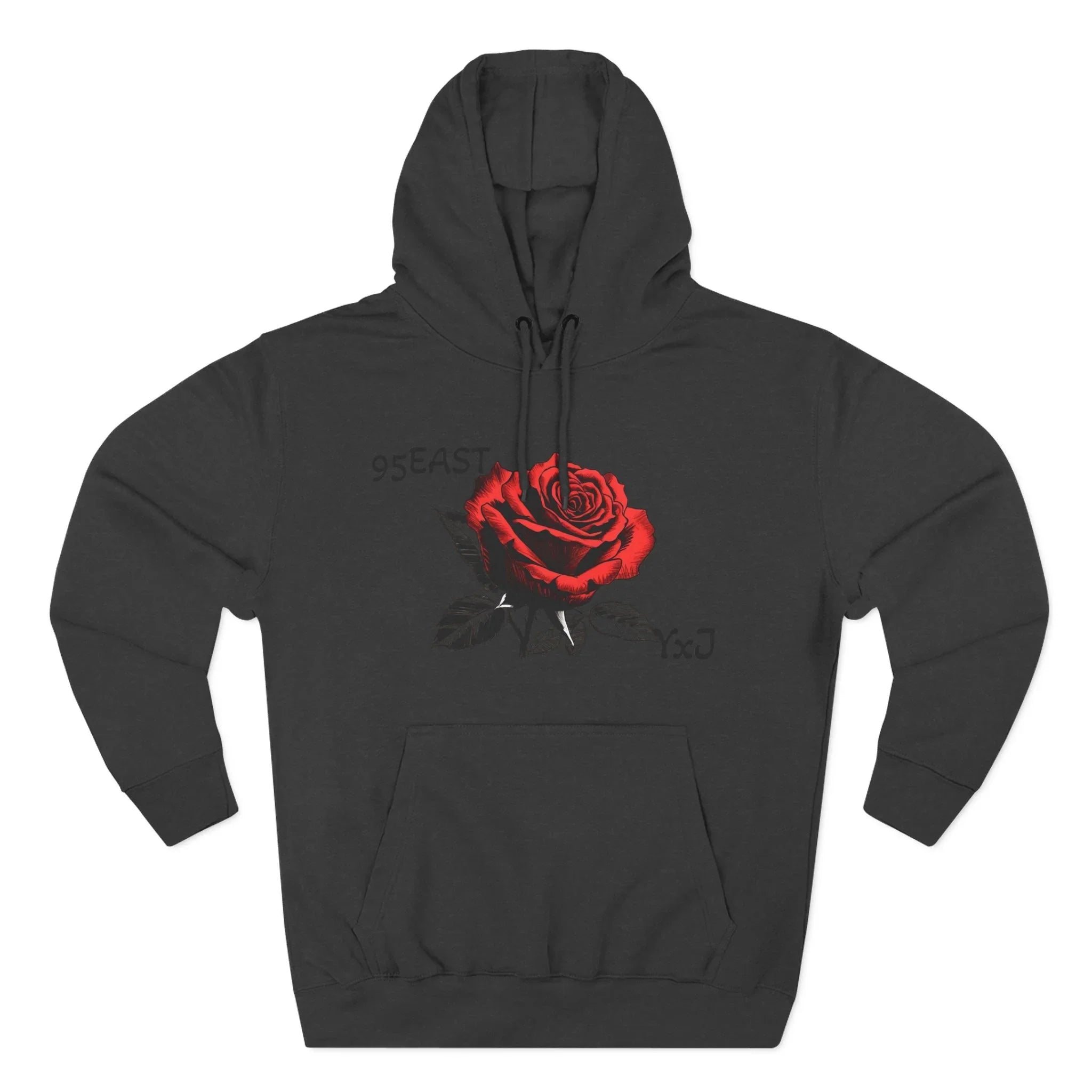 Black hoodie with red rose graphic and barcode sleeve detail, East Coast style