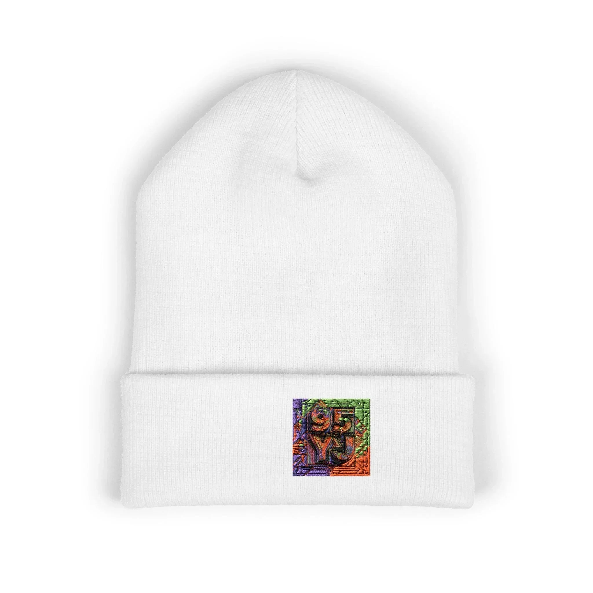 White beanie with colorful 95 YJ embroidered patch, East Coast style winter hat
