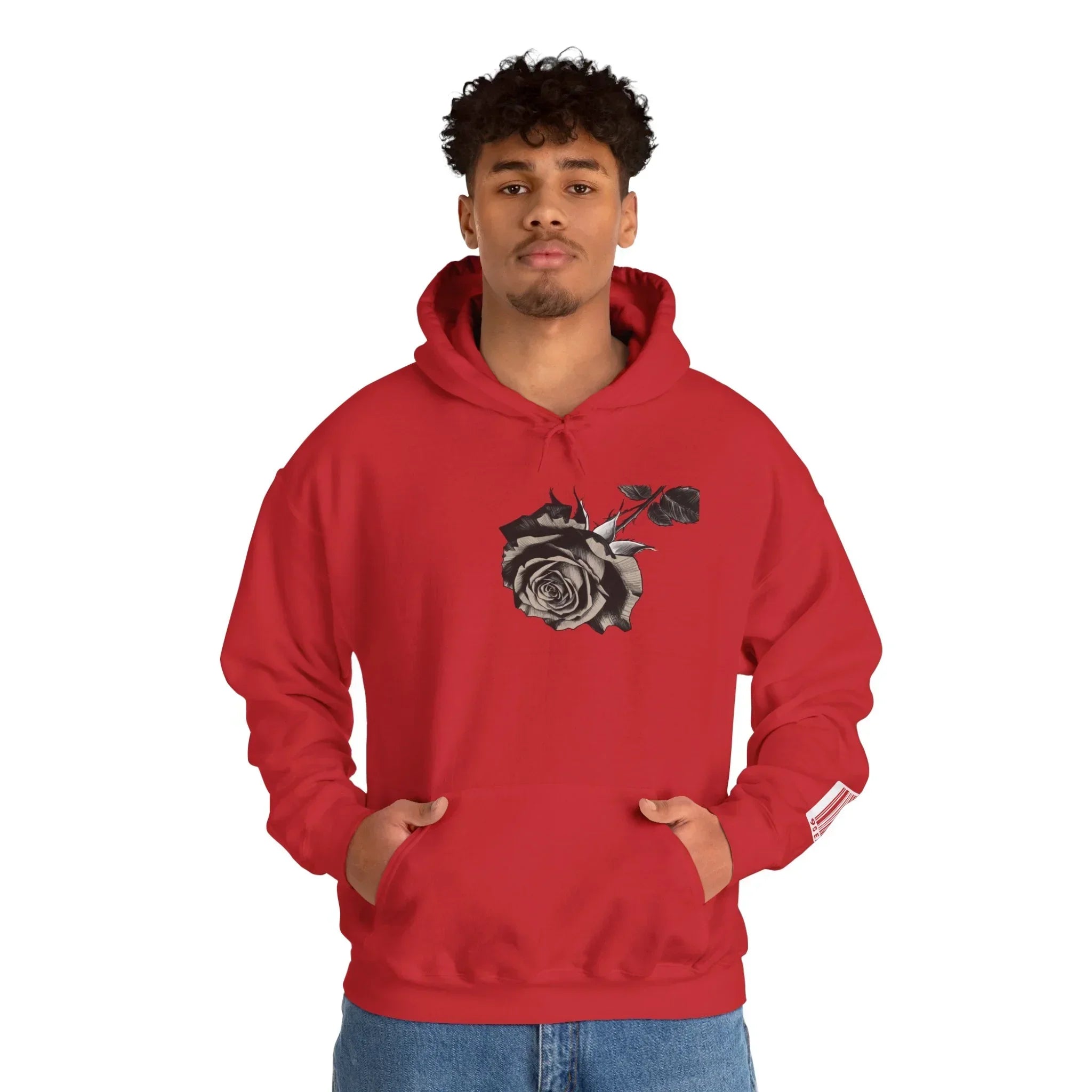 Man wearing red hoodie with black and white rose graphic, casual streetwear fashion