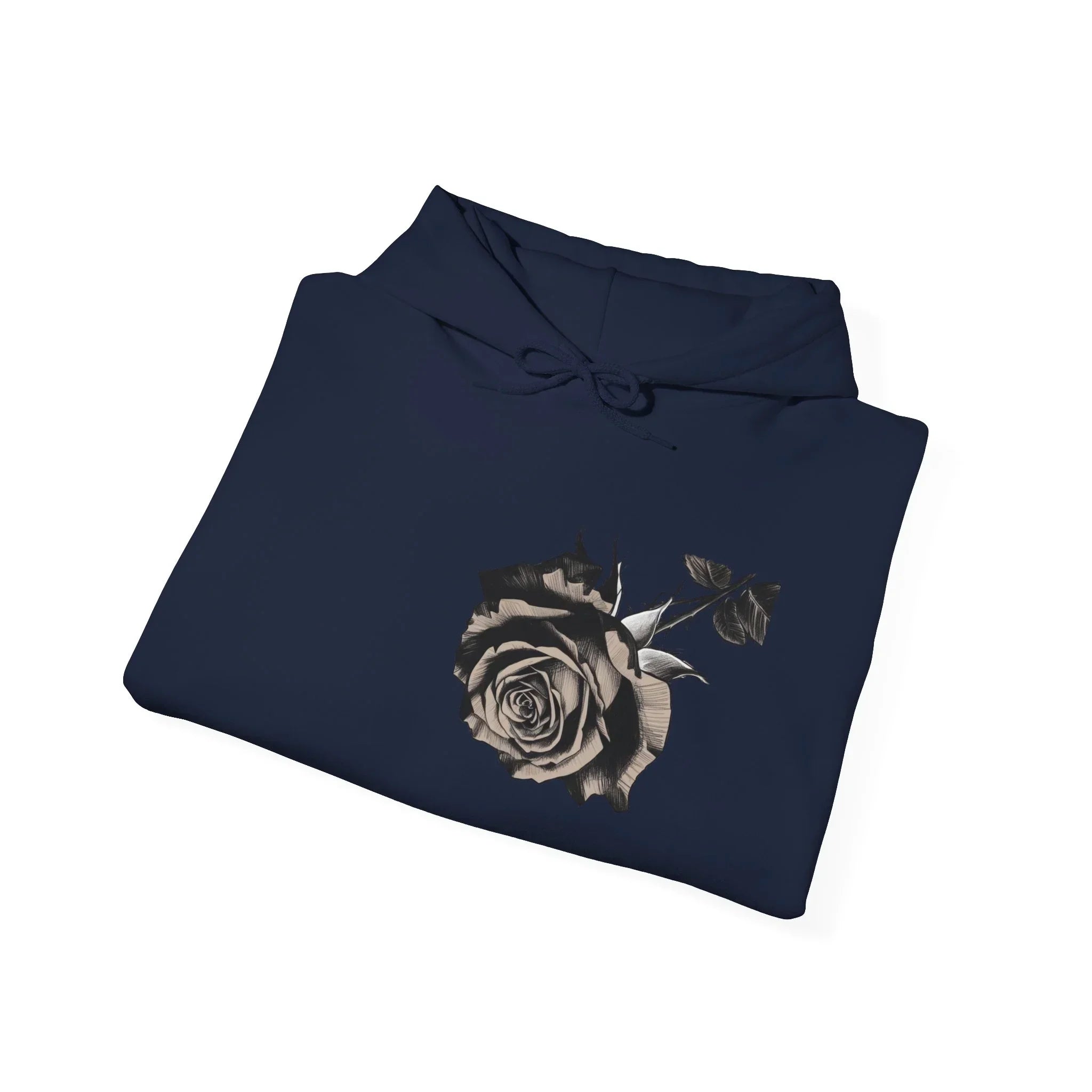 Navy blue hoodie with black and white rose graphic, folded on white background