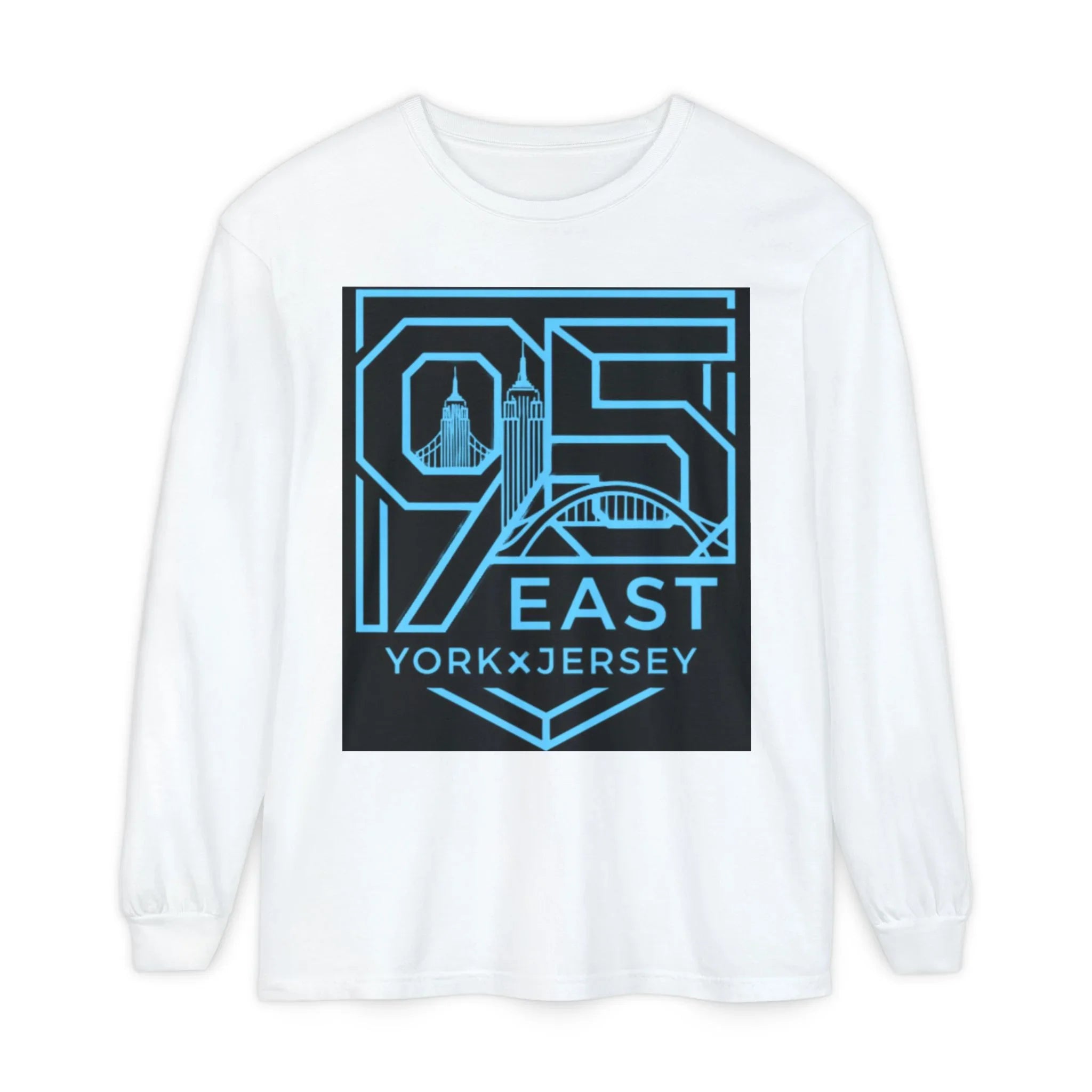 White long sleeve tee with bold '95 East YorkxJersey' graphic, featuring city skyline and bridge design in blue.