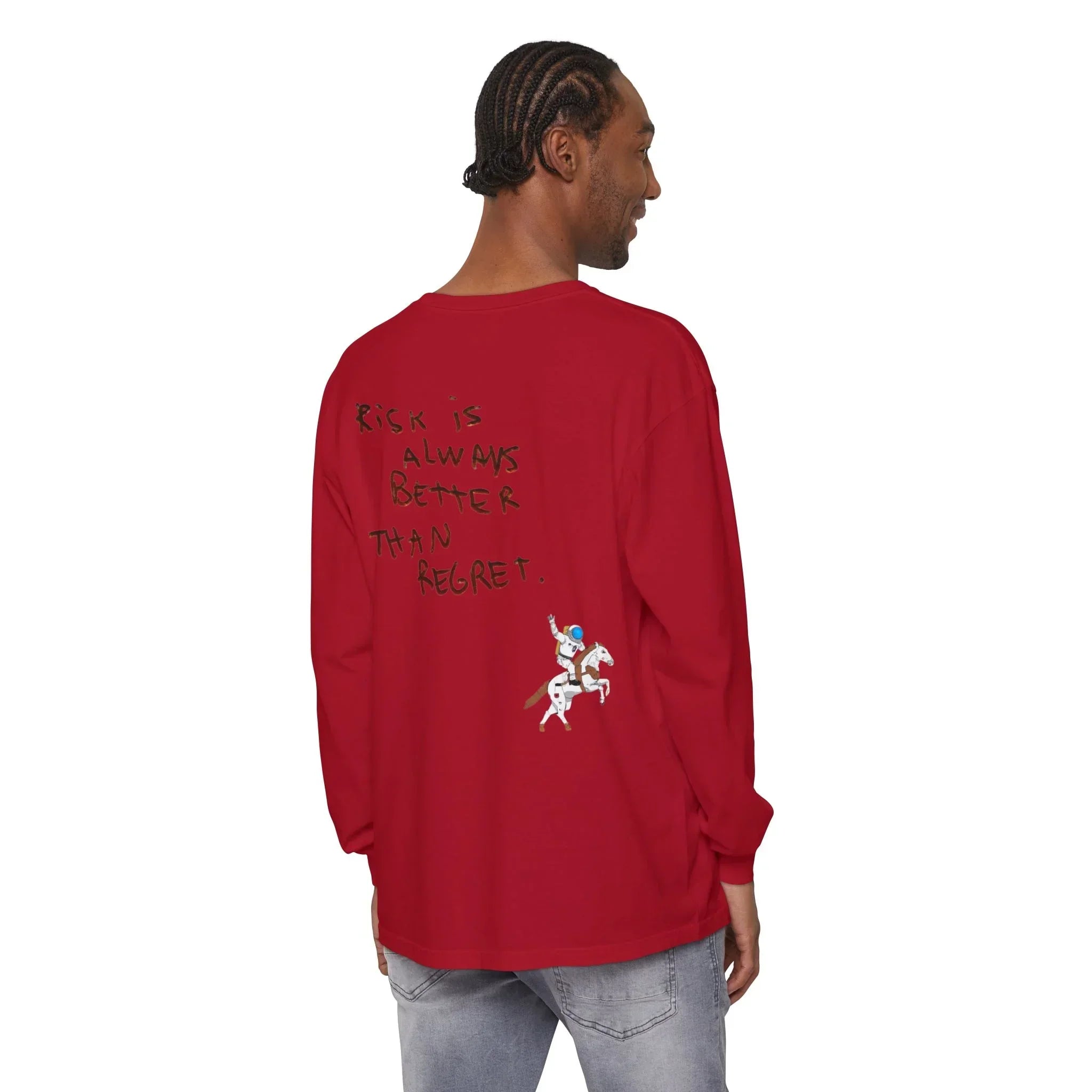 Red long sleeve shirt with 'Risk is Always Better Than Regret' text and astronaut on horse graphic