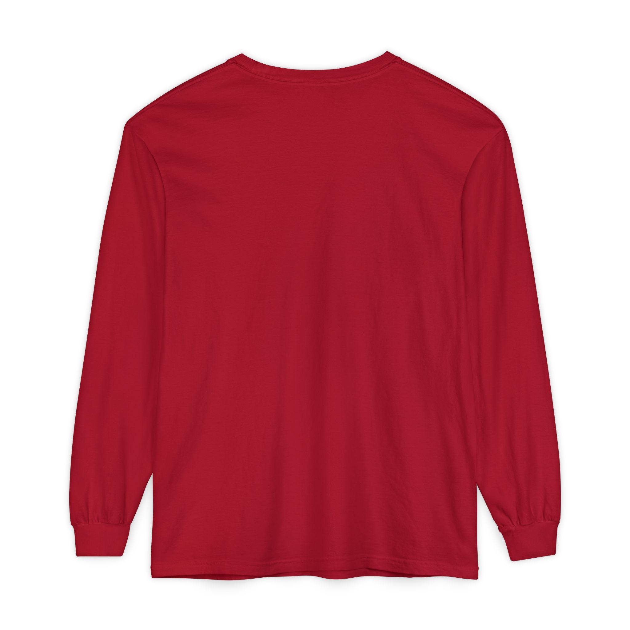 Solid red long sleeve shirt, back view, plain design
