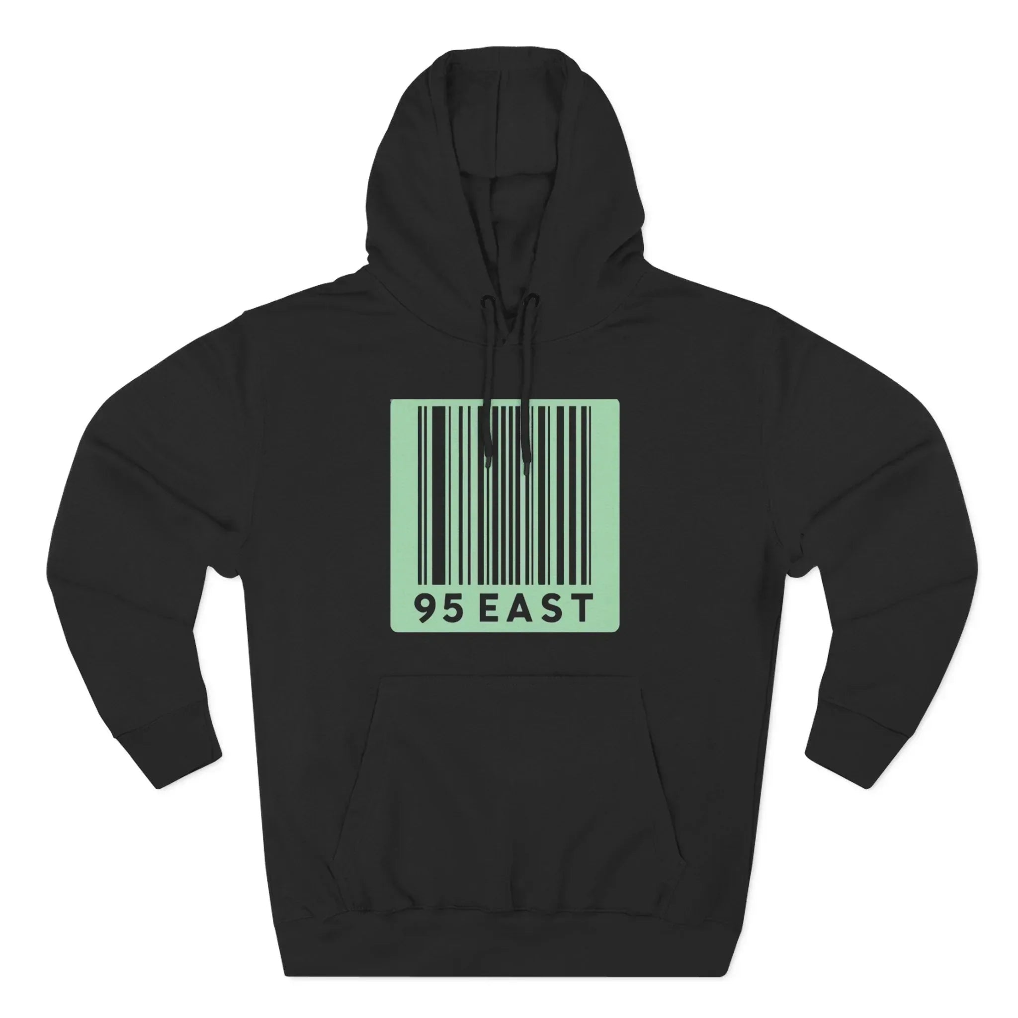 Black hoodie with mint green barcode design and 95 EAST text, modern streetwear style