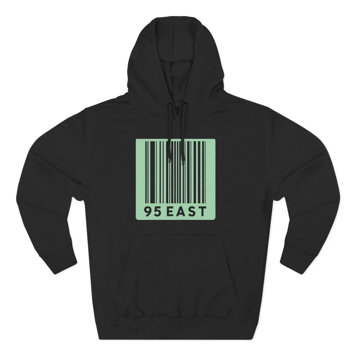 Black hoodie with mint green barcode design and 95 EAST text, modern streetwear style