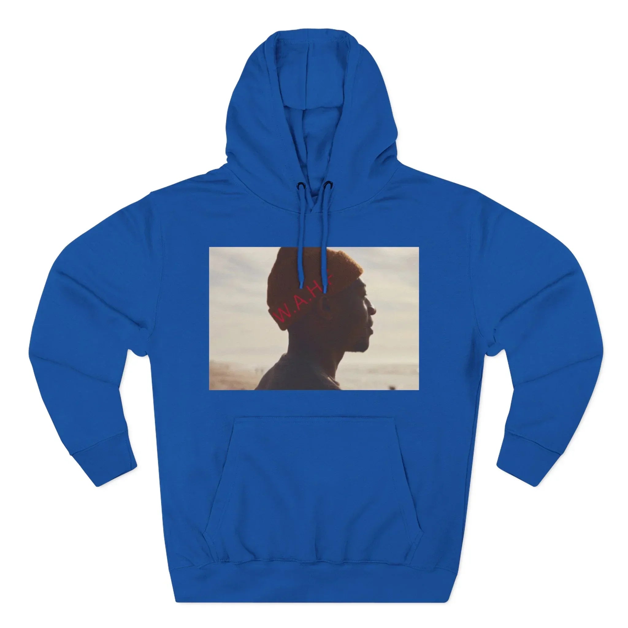 Blue hoodie with profile photo of man in orange beanie and red 'W.A.H.' text on chest