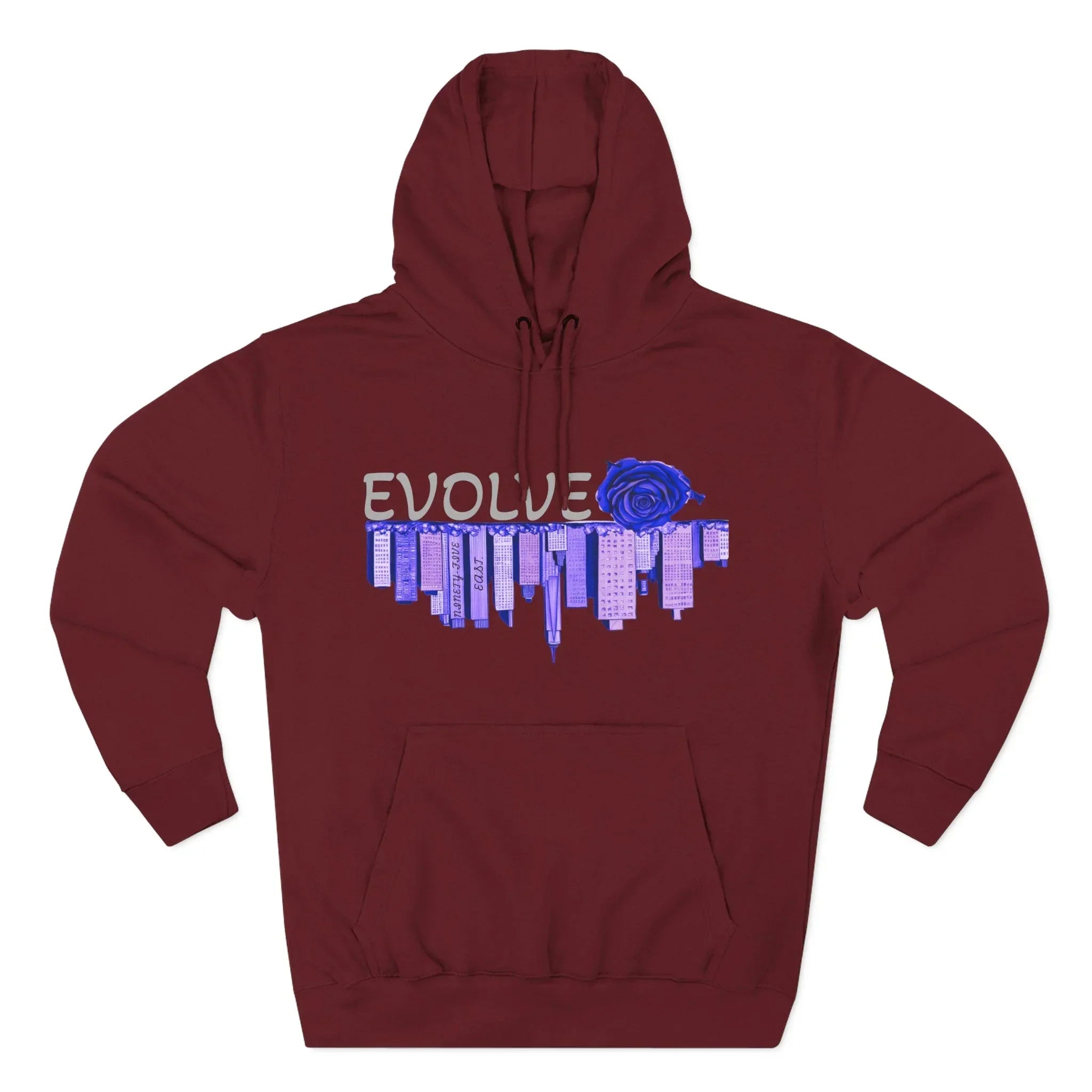 Maroon hoodie with 'EVOLVE' and blue rose graphic on a white background