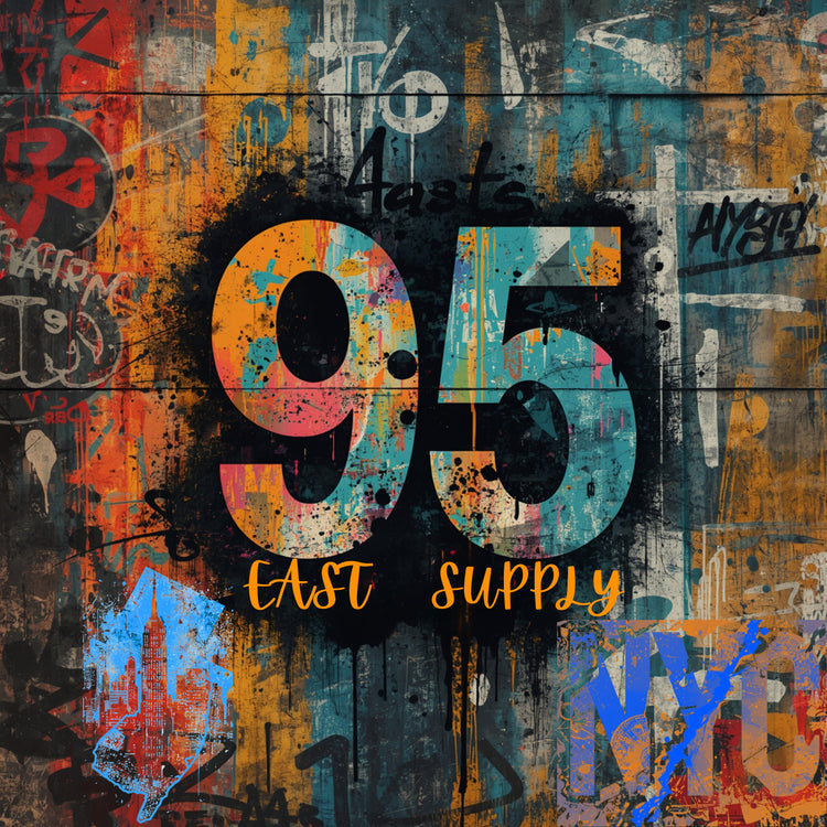95 East Supply NYC graffiti art with bold numbers, urban street style, and vibrant cityscape design